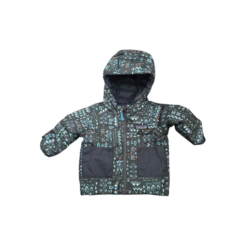 Patagonia Baby Reversible Down Sweater Hoody Jacket Blue‎ Geometric 3-6m NEW